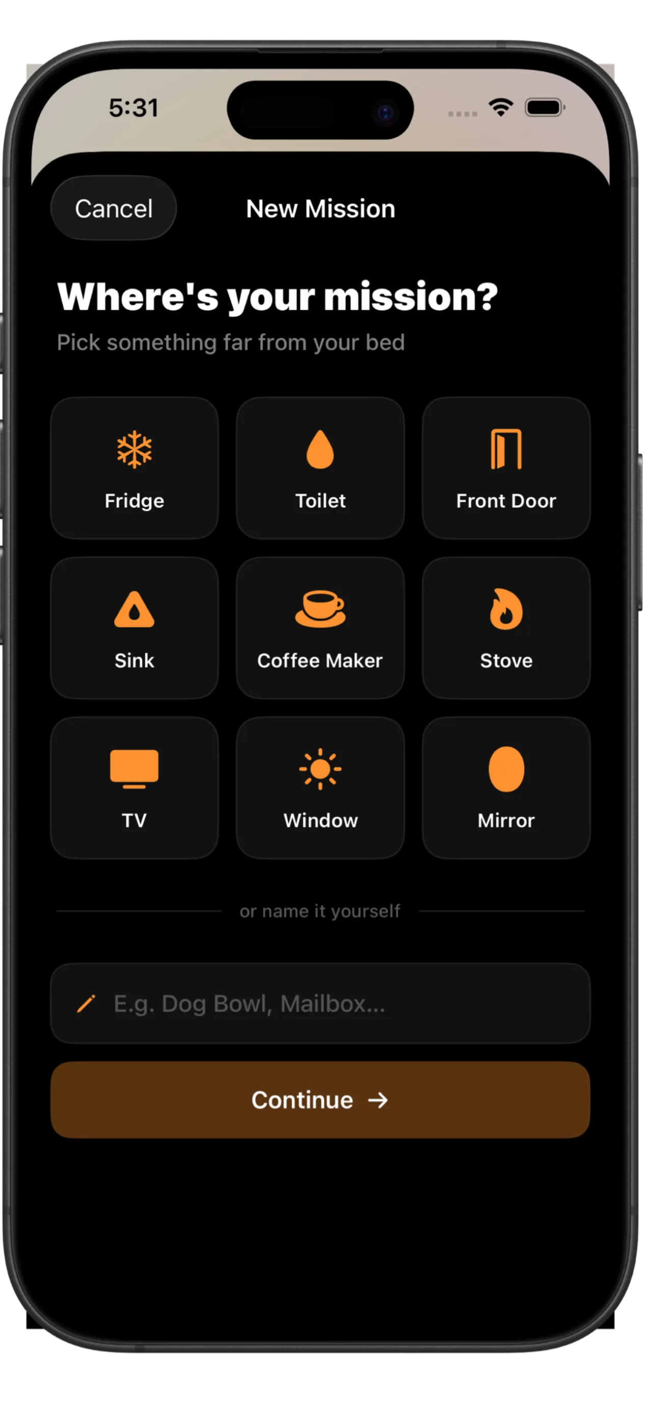 Wakey mission picker showing object choices including coffee maker, fridge, front door, and more