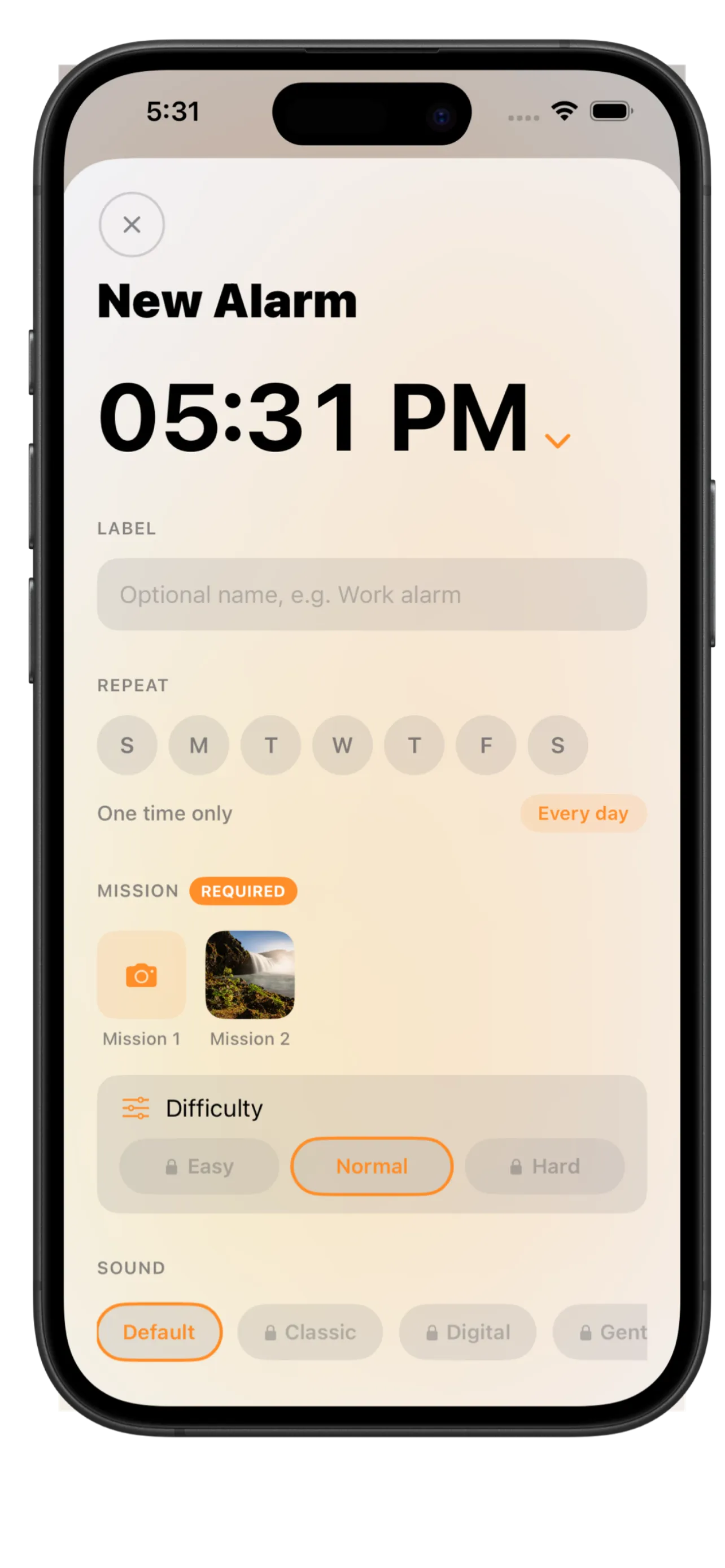 Wakey new alarm creation screen with time, repeat days, mission, difficulty, and sound options