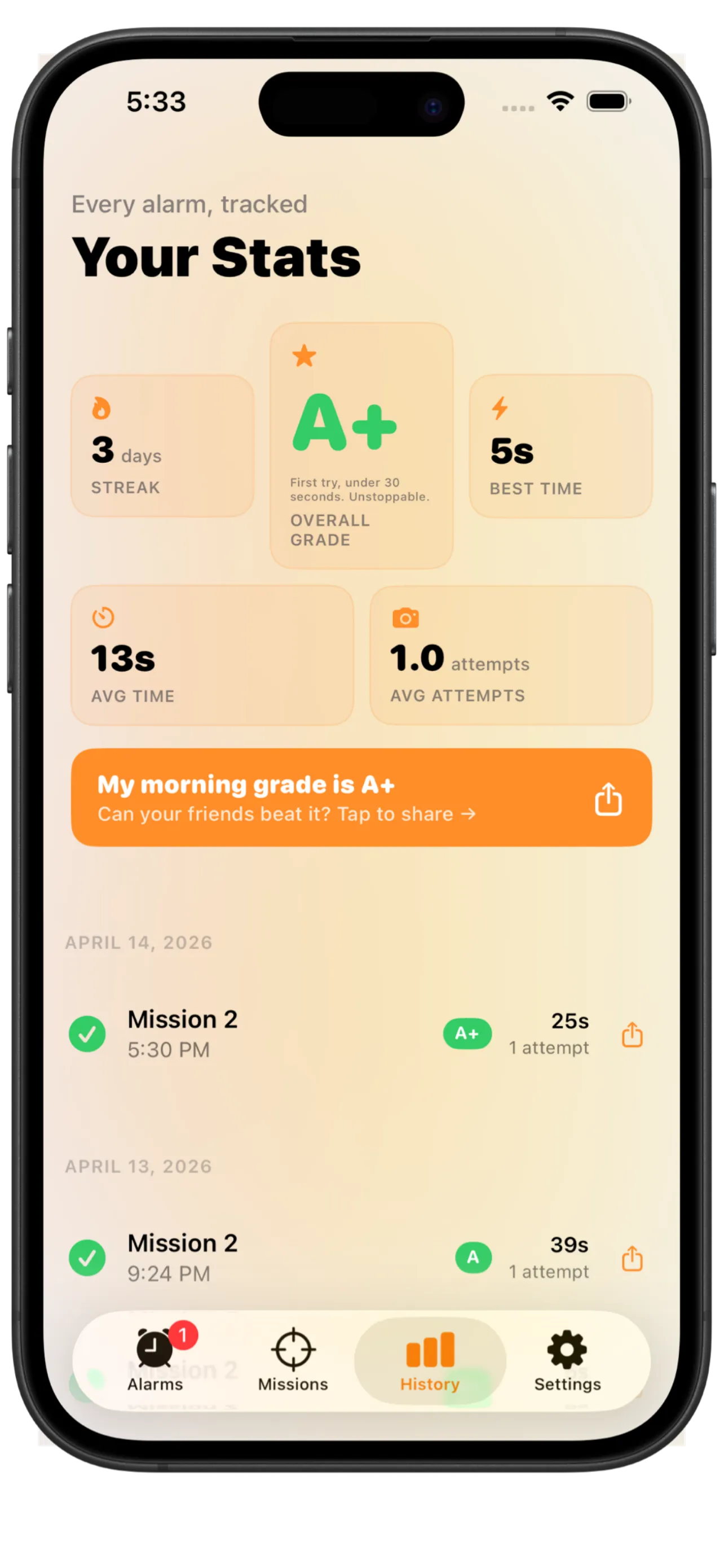 Wakey stats screen showing wake-up streak, overall grade, best time, and full mission history