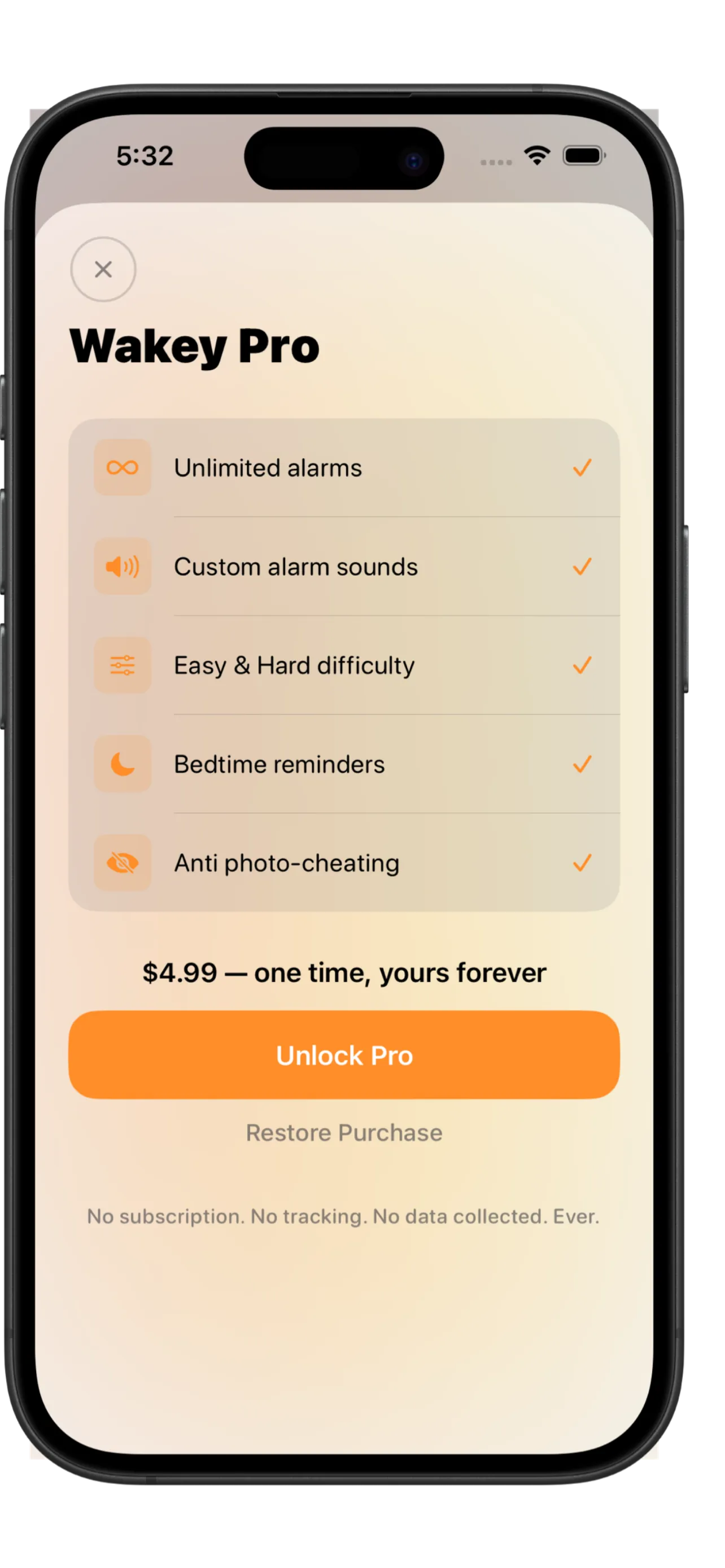 Wakey Pro paywall showing unlimited alarms, custom sounds, difficulty levels, and anti photo-cheating for 4.99 one time