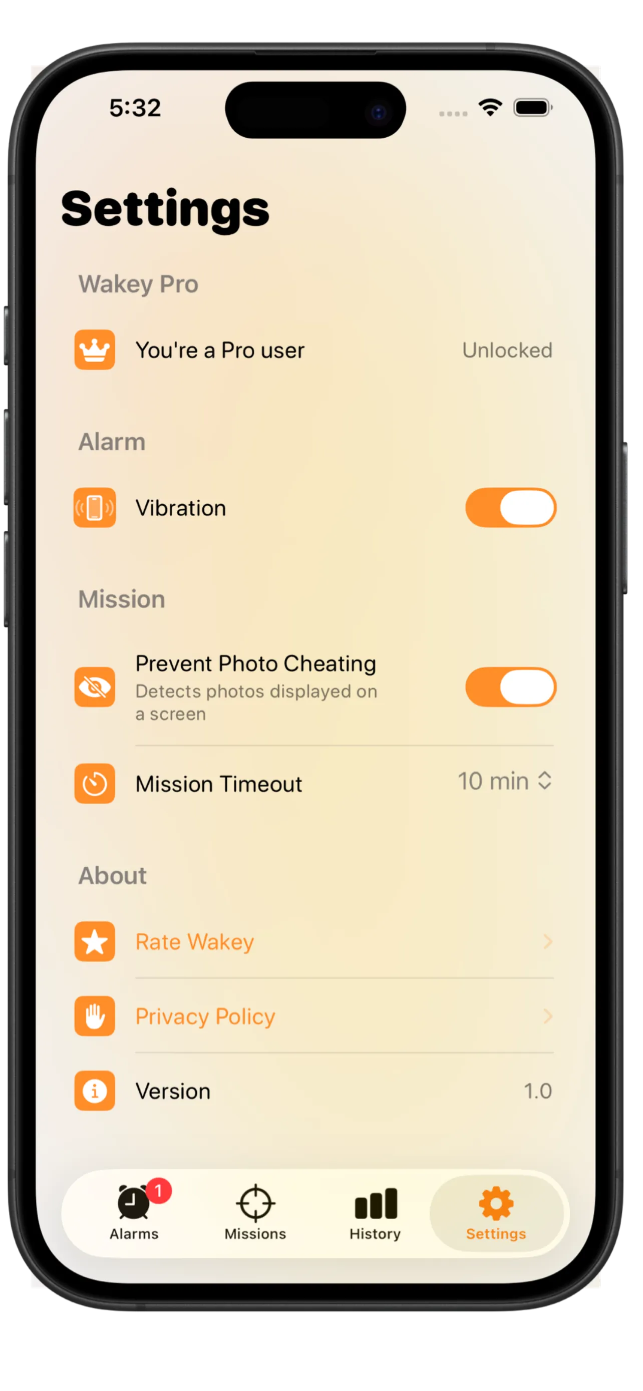 Wakey settings screen showing anti photo-cheating toggle, mission timeout, vibration, and app version